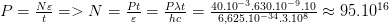 P=\frac{N\varepsilon }{t}=>N=\frac{Pt}{\varepsilon }=\frac{P\lambda t}{hc}=\frac{{{40.10}^{-3}}{{.630.10}^{-9}}.10}{6,{{625.10}^{-34}}{{.3.10}^{8}}}\approx {{95.10}^{16}}